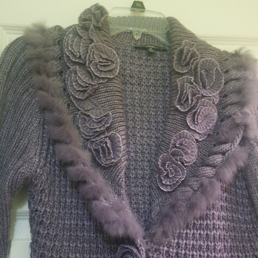 Sioni purple sweater coat fur trim